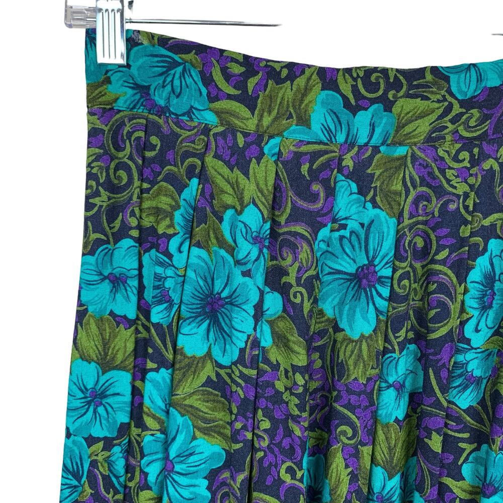 Vintage Worthington Maxi Skirt Pleated Blue Green Floral Pocket Women's 6 - Picture 3 of 8
